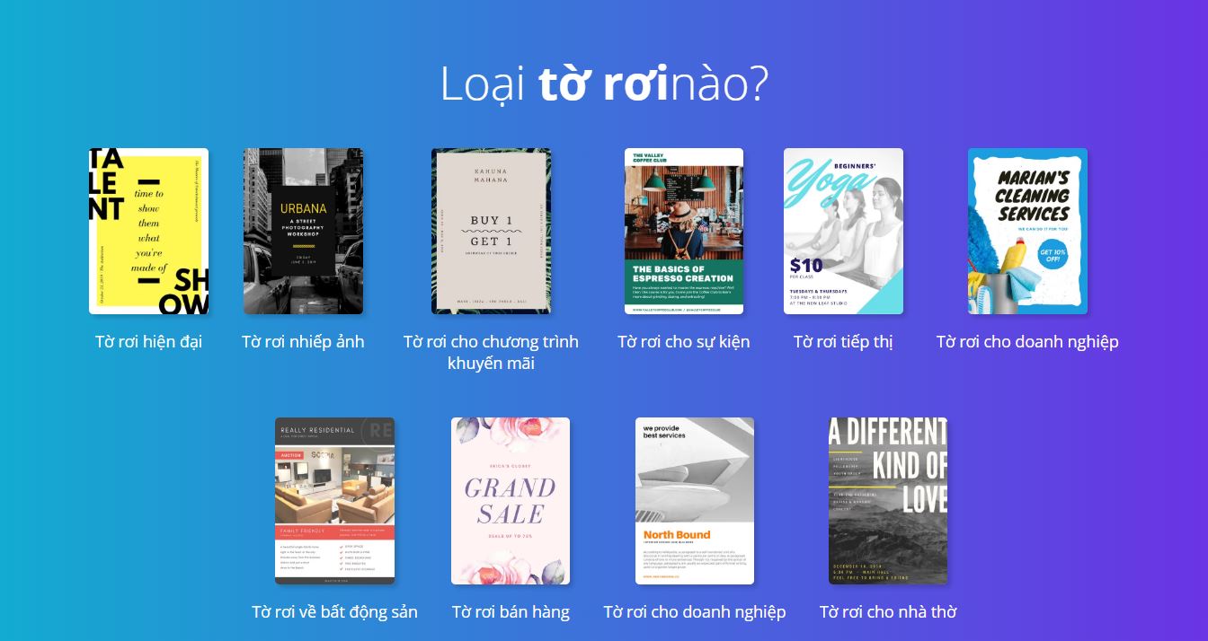 Bạn chọn loại tờ rơi theo chủ đề mà Canva đưa ra và bắt đầu thiết kế thêm nội dung